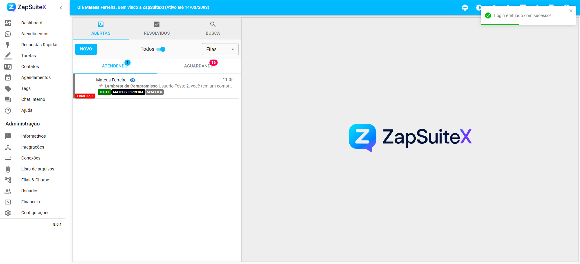 Tela de atendimentos ZapSuiteX